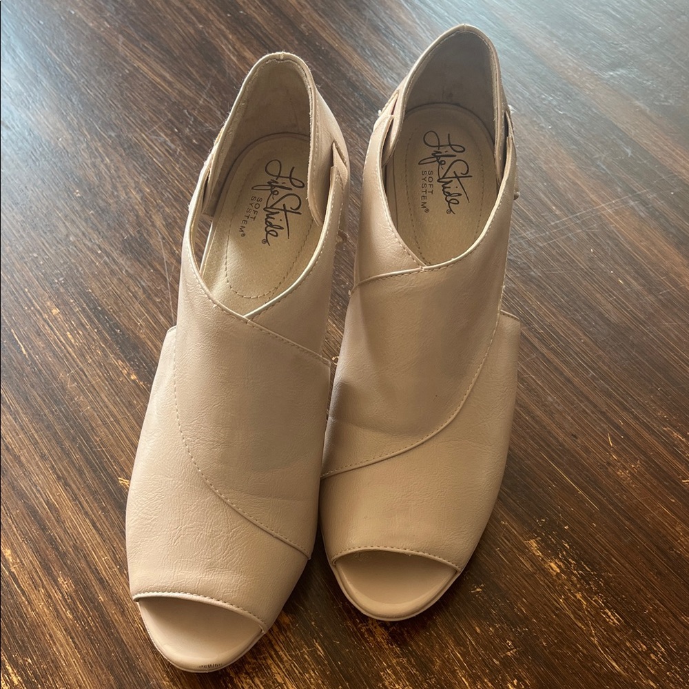 Life Stride Taupe Peep-Toe Slingback Mules